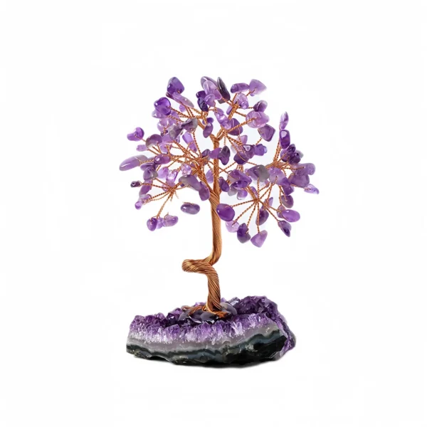 This handcrafted amethyst tree, made with high-quality amethyst, brass wire, and crystal clusters, brings purification, balance, and beauty to your space. Amethyst enhances intuition, purifies the mind, aids emotional healing, and deepens meditation. It relieves stress, clears negative energy, and brings tranquility. The base, made from amethyst clusters, purifies surrounding energy, while the brass wire trunk amplifies its energy output. The leaves, made from amethyst tumbled stones, promote emotional harmony. Ideal for bedrooms, living rooms, or offices, it enhances productivity, inspires creativity, and maintains positive energy flow.