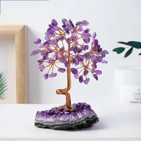 This handcrafted amethyst tree, made with high-quality amethyst, brass wire, and crystal clusters, brings purification, balance, and beauty to your space. Amethyst enhances intuition, purifies the mind, aids emotional healing, and deepens meditation. It relieves stress, clears negative energy, and brings tranquility. The base, made from amethyst clusters, purifies surrounding energy, while the brass wire trunk amplifies its energy output. The leaves, made from amethyst tumbled stones, promote emotional harmony. Ideal for bedrooms, living rooms, or offices, it enhances productivity, inspires creativity, and maintains positive energy flow.