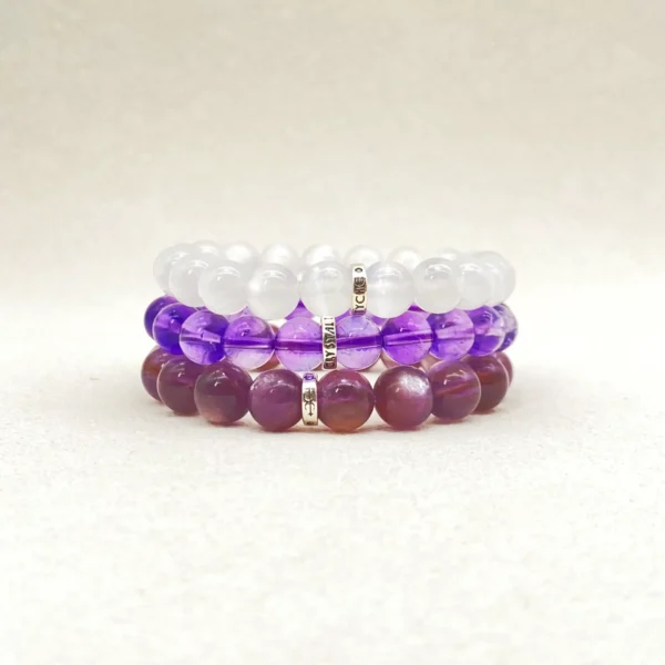 The Crown Chakra Crystals Bracelet Set includes Selenite, Amethyst, and Lepidolite—each chosen to enhance intuition, clarity, and inner peace. Perfect for meditation, spiritual practice, or conscious living, this set restores balance in the crown chakra’s energy and helps you connect deeply with higher consciousness and divine guidance.