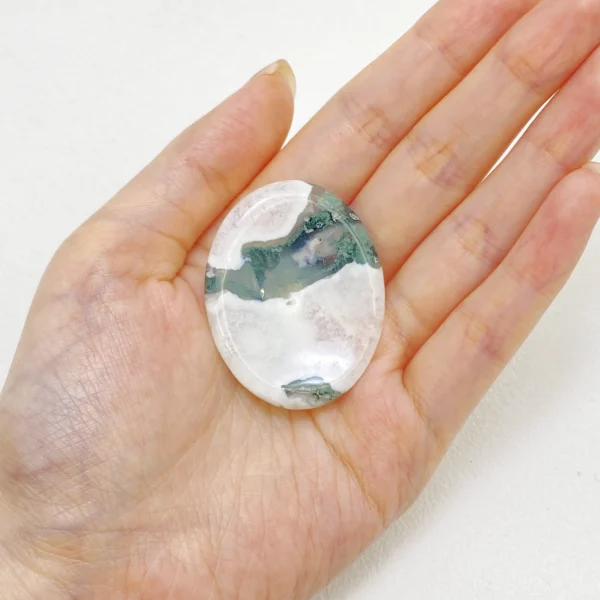 Moss Agate Worry Stone restores calm, balances emotions, and supports gentle renewal. Carry grounded peace with you—bring this soothing stone home today.